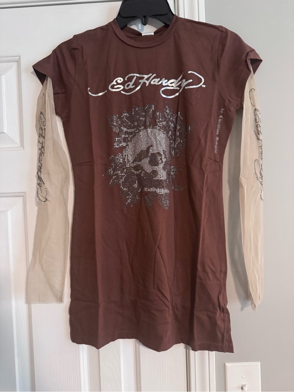 Y2K Ed Hardy Brown Graphic Skull Layered Sleeve Tee